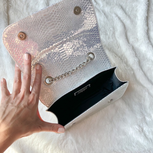 $495 NEW Loriblu Italy Leather Silver AB Reptile Finish Medium Shoulder Bag - Picture 12 of 16